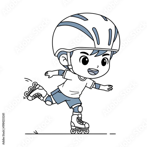 Cute Little Boy Character Inline Skating with Protective Gear Helmet and Pads Vector Illustration