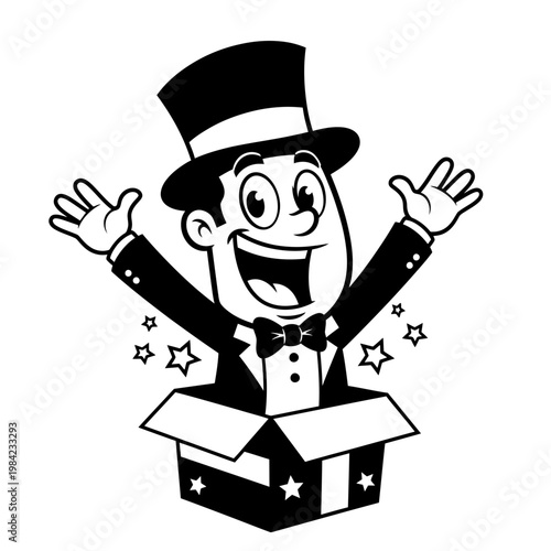 Cartoon Magician Character Popping Out of a Box with Stars, Performance Illustration in Black and White