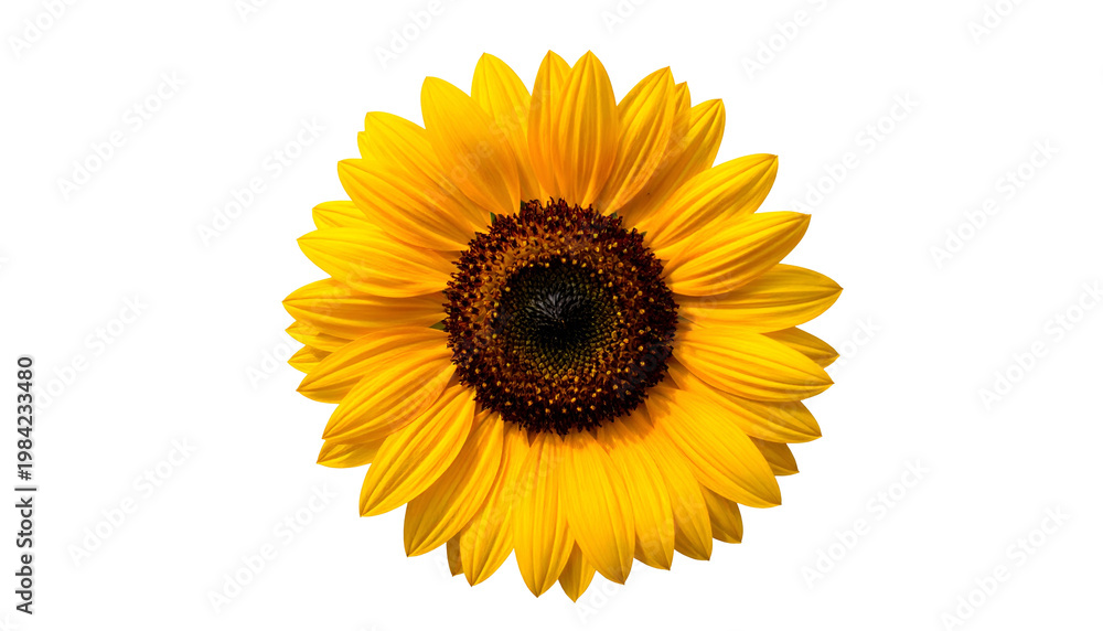 Fototapeta premium Bright, vibrant sunflower isolated against a black background, showcasing golden petals