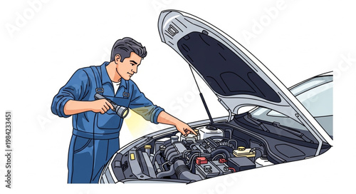 Mechanic Inspecting Car Engine Under Hood.