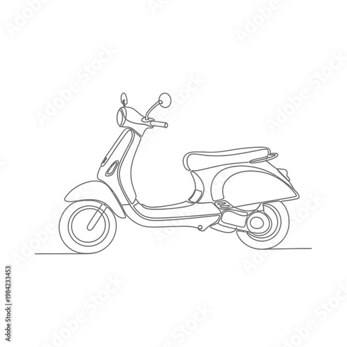 Continuous One Line Drawing of a Classic Vintage Motor Scooter. Minimalist Moped Vector Illustration for Urban Transport and Travel Concept.