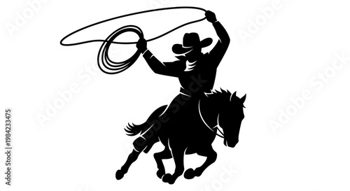 Silhouette of a Cowboy Riding a Horse and Throwing a Lasso, Wild West Rodeo Concept