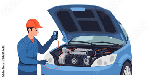 Mechanic Inspecting Car Engine Under Hood.