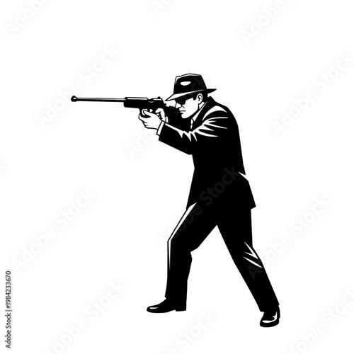 Secret Agent or Hitman in Suit and Fedora Aiming a Firearm Vector Illustration