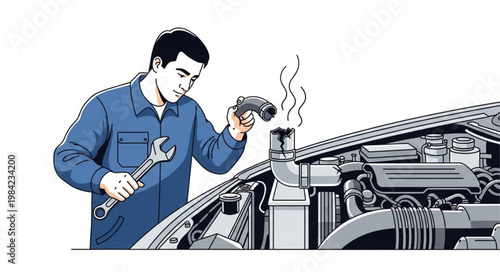 Mechanic Inspecting Car Engine Under Hood.