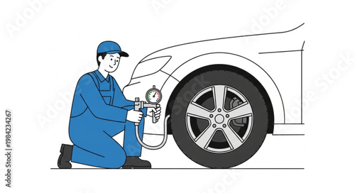 Mechanic checking car tire pressure with gauge.