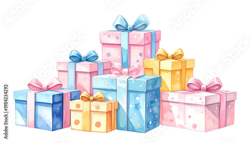 Watercolor illustration of a stack of pastel-colored gift boxes with tied bows