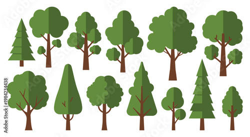 A collection of flat green trees with varying shapes and heights presented as a striking silhouette high quality professional detailed modern