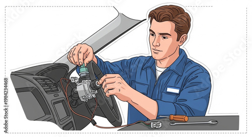 Mechanic fixing car dashboard electronics with tools.