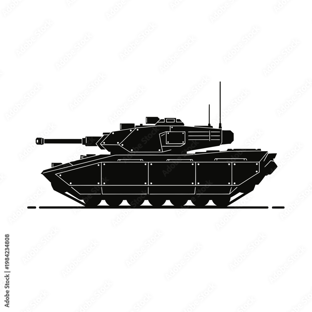 Fototapeta premium Modern Military Tank Vector Silhouette Illustration, Armored Main Battle Tank Vehicle for Army and Defense Isolated on White Background