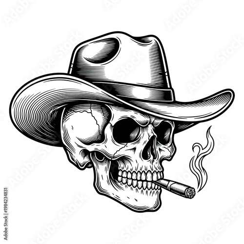 Vintage engraving style vector illustration of a human skull wearing a cowboy hat and smoking a cigar, outlaw bandit skeleton graphic.