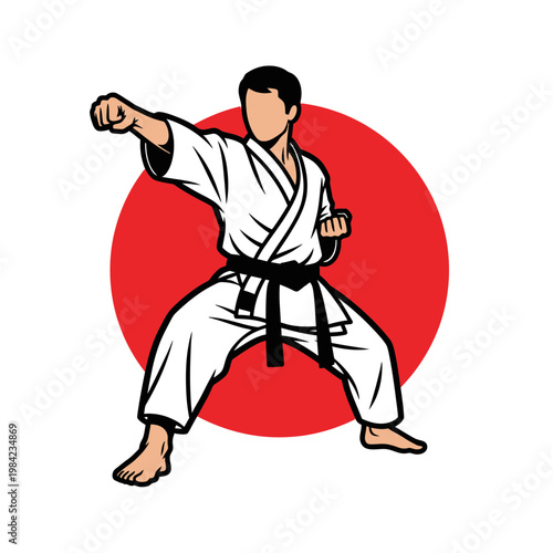 Karate Martial Artist Punching Vector Illustration, Male Fighter in White Gi and Black Belt Performing a Strike with Red Sun Background