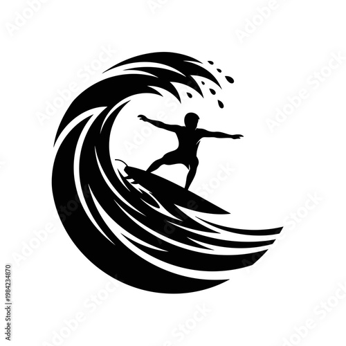 Surfer silhouette riding a massive ocean wave barrel vector illustration, minimalist circular logo design for extreme water sports and summer vacation.