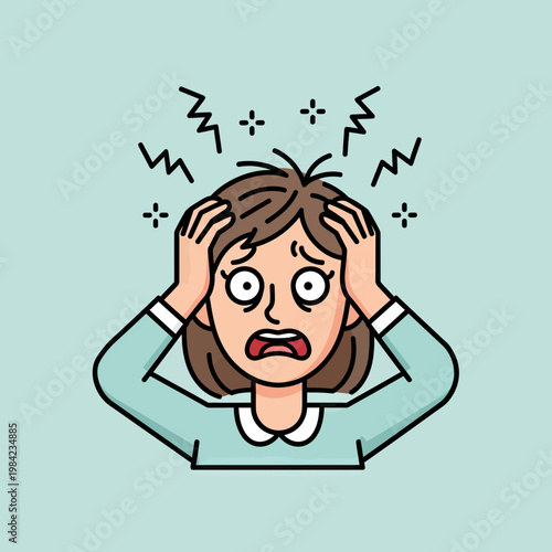 Vector Illustration of a Stressed Woman Holding Her Head with a Panicked Expression Representing Anxiety, Headache, and Mental Burnout