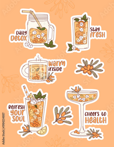 Sea Buckthorn Drinks Sticker Planner Set. Healthy Hot and Iced Tea, Lemonade and Cocktails with Inspirational Quotes. Isolated orange Beverage Hand Drawn. Vector Illustration