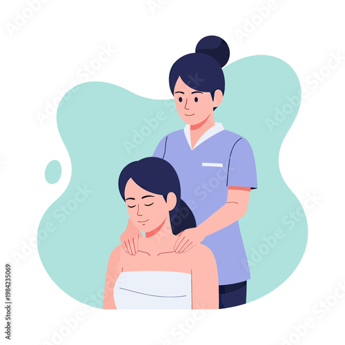 Professional Female Therapist Giving Shoulder Massage to Relaxed Woman in Spa Wellness Center Vector Illustration