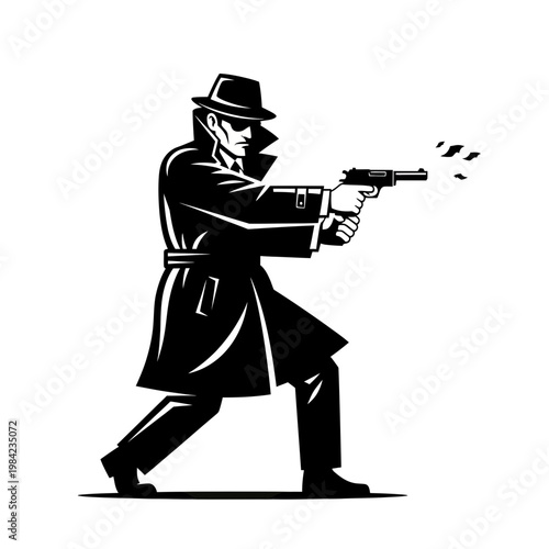 Noir style detective or secret agent in trench coat and fedora aiming a handgun, monochrome vector illustration