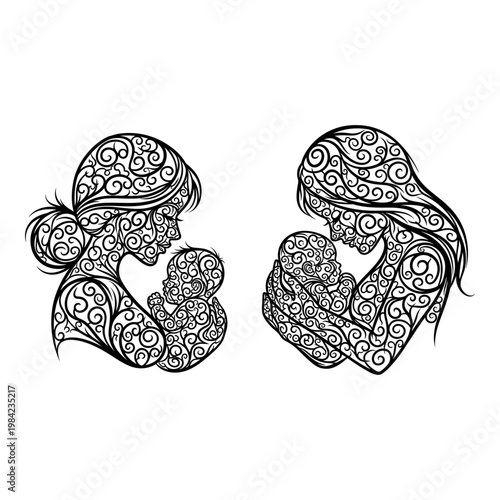 Intricate sketch of intertwined figures with elaborate headpieces and heart connection Vector, illustration