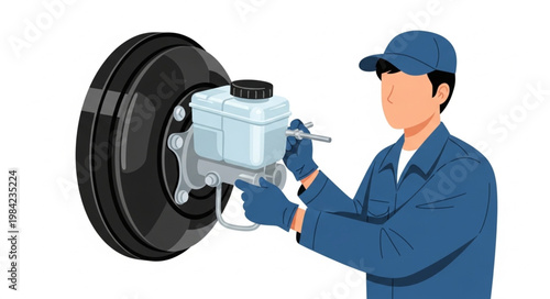 Mechanic Inspecting Automotive Brake Booster and Master Cylinder.