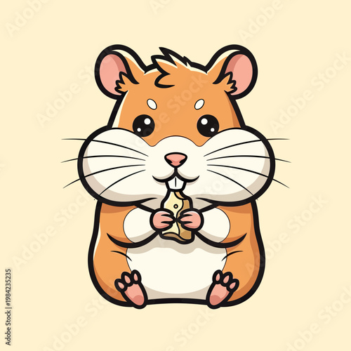 Cute Cartoon Hamster Illustration Sitting and Eating a Snack, Adorable Pet Character Vector