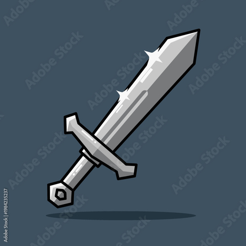 Shining Silver Medieval Sword Illustration, Cartoon Vector Weapon Asset for Games