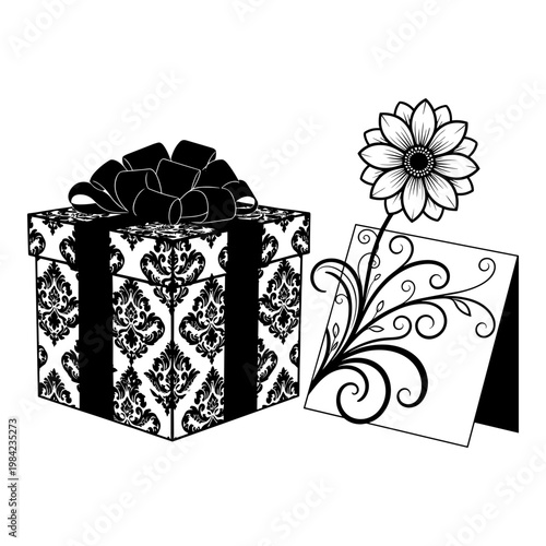 Elegant gift box with decorative ribbon and floral card design Vector, illustration