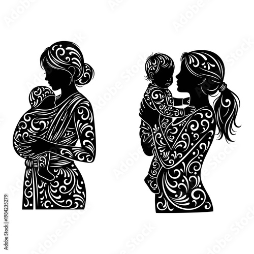 Two mothers holding their children in traditional intricately patterned attire Vector, illustration