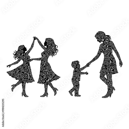 Three generations of women holding hands in intricate patterned attire Vector, illustration