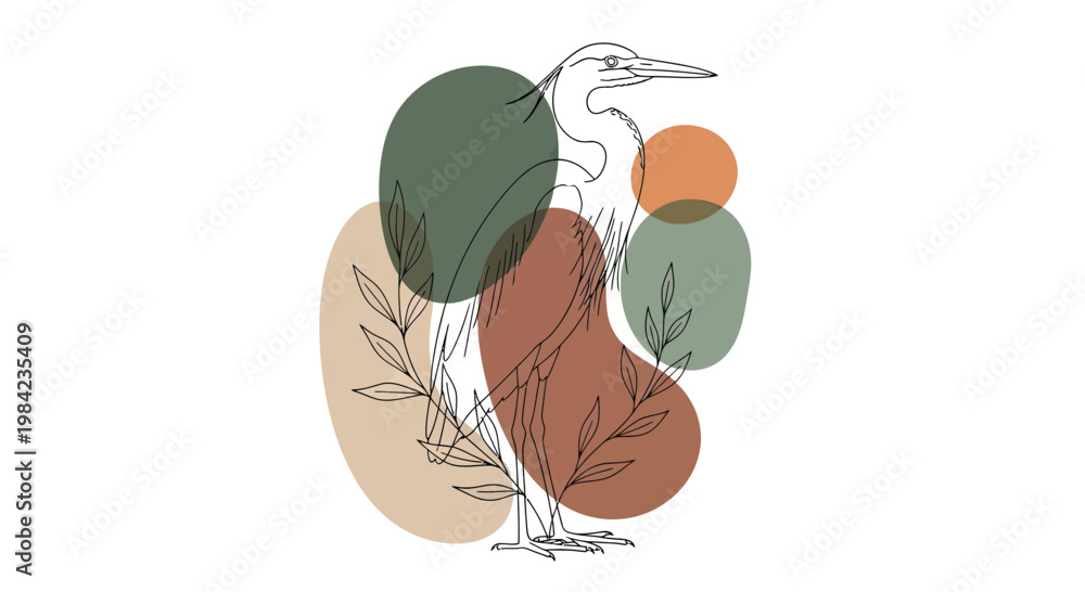 Fototapeta premium Minimalist Boho Heron Line Art Illustration with Abstract Organic Shapes and Leaves