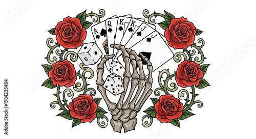 Skeleton hand holding playing cards and dice surrounded by red roses in vintage gothic tattoo style illustration