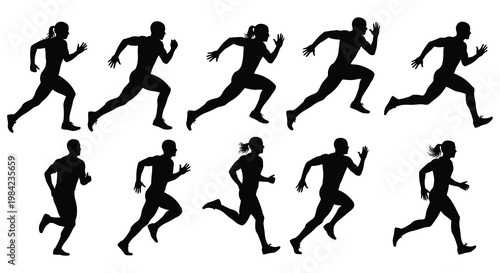 A collection of dynamic human figures captured in mid stride showcasing movement and energy depicted as a silhouette high quality professional detailed