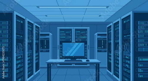 A computer monitor on a desk in a blue-toned server room with rows of server racks