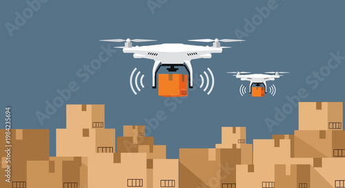 Illustration of white drones delivering orange packages over a cityscape with cardboard boxes, against a blue sky.