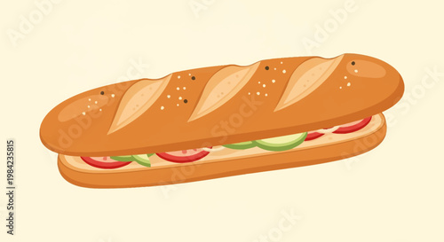 A detailed vector illustration of a toasted French baguette sandwich filled with red tomato slices, green cucumber rounds, and white sauce, isolated on a light yellow background.