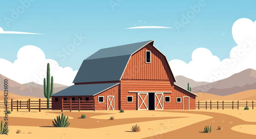 Flat vector illustration of a classic red wooden barn with a gambrel roof and ranch fencing situated in an arid desert landscape with saguaro cacti, mountains, and stylized clouds.