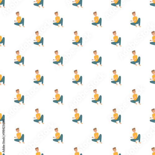 Sad man sitting and hugging knees in a repetitive pattern flat illustration