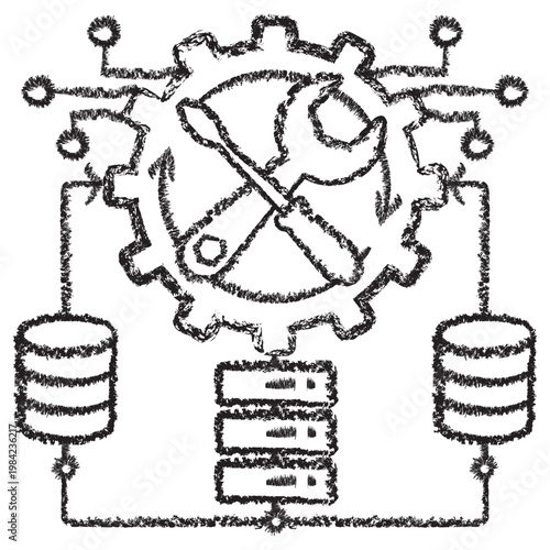 Vector AI data engineering icon with repair tools and server databases. Dark brown charcoal sketch on transparent background. Concept of technical maintenance and backend system architecture