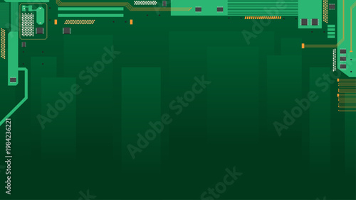 Abstract green technology background with circuit board and PCB design elements.