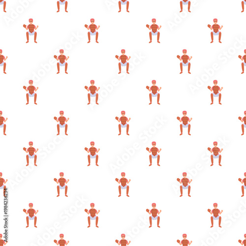 Cartoon baseball catchers wearing protective equipment forming a seamless pattern on a white background