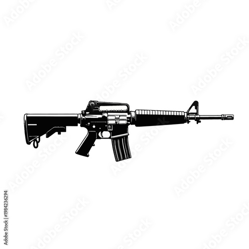 Black and white vector illustration of an M4 carbine assault rifle or AR-15 semi-automatic firearm, featuring a carry handle, magazine, and stock, isolated on a white background.