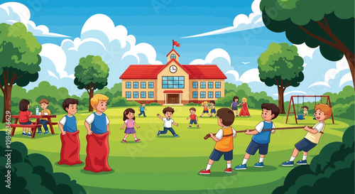 Illustration of children playing tag on a green field in front of a school building with a red roof on a sunny day.