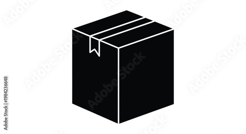 A stark black silhouette of a closed cardboard box with taped flaps presented on a white background silhouette high quality professional