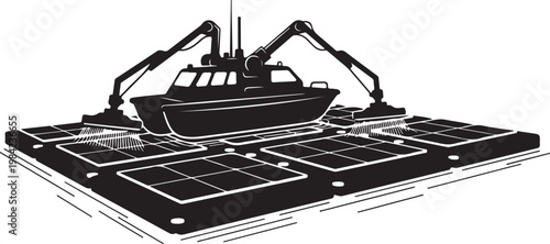 Industrial robotic arms, manufacturing equipment, solar panel production line, black and white vector illustration