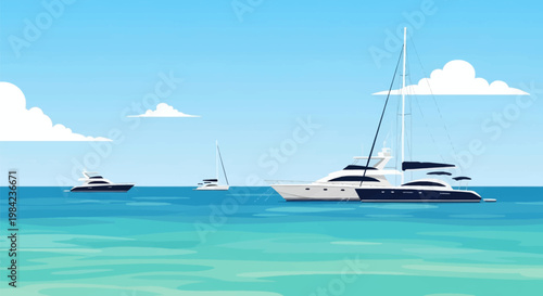 Flat vector illustration featuring luxury motor yachts and a sailing catamaran anchored in clear turquoise tropical ocean water under a bright blue sky with white clouds.