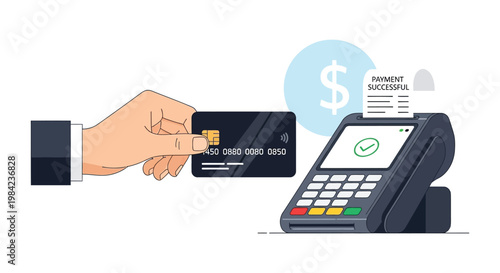 A flat vector illustration depicting a contactless payment transaction with a credit card and terminal silhouette high quality professional detailed modern