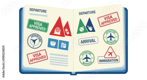 Open travel passport with various visa stamps and colorful approval stickers on a clean white background.