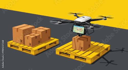 Drone delivering a cardboard box to a yellow pallet with more boxes nearby on a gray and yellow surface