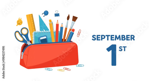 Vector illustration of a red pencil case filled with school supplies like scissors, rulers, a spiral notebook, pencils, and paint brushes, next to September 1st text on a white background.