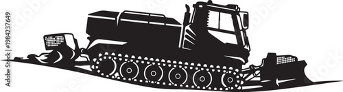 Black snowcat vehicle, snow groomer, winter machine, heavy equipment