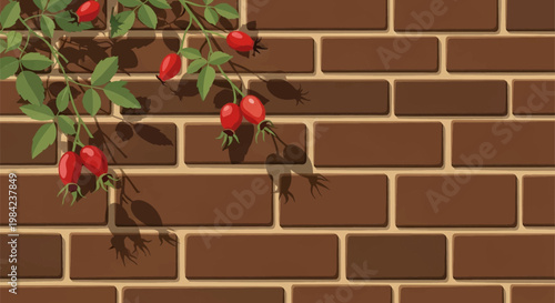 Flat vector illustration of a brown brick wall with a climbing plant branch containing red rosehips and green leaves, displaying shadows of the foliage on the masonry surface.